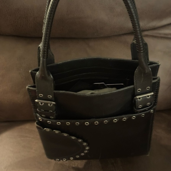 Authentic Yves Saint Laurent  Leather Grommet Detail Shoulder Handbag Black. - Picture 6 of 14